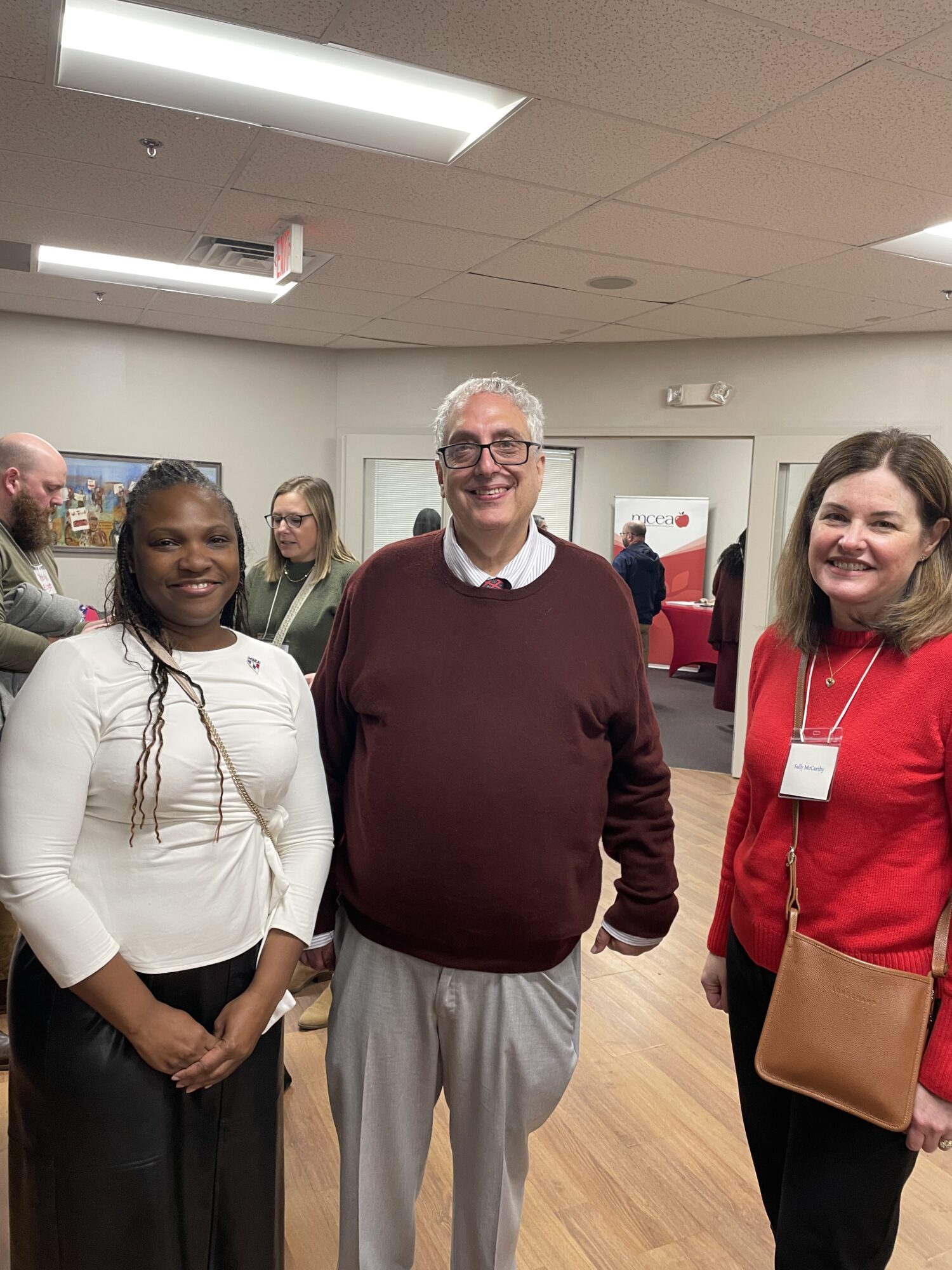 MSEA Vice President Nikki Woodward, MCEA President David Stein, and BoE candidate Sally McCarthy